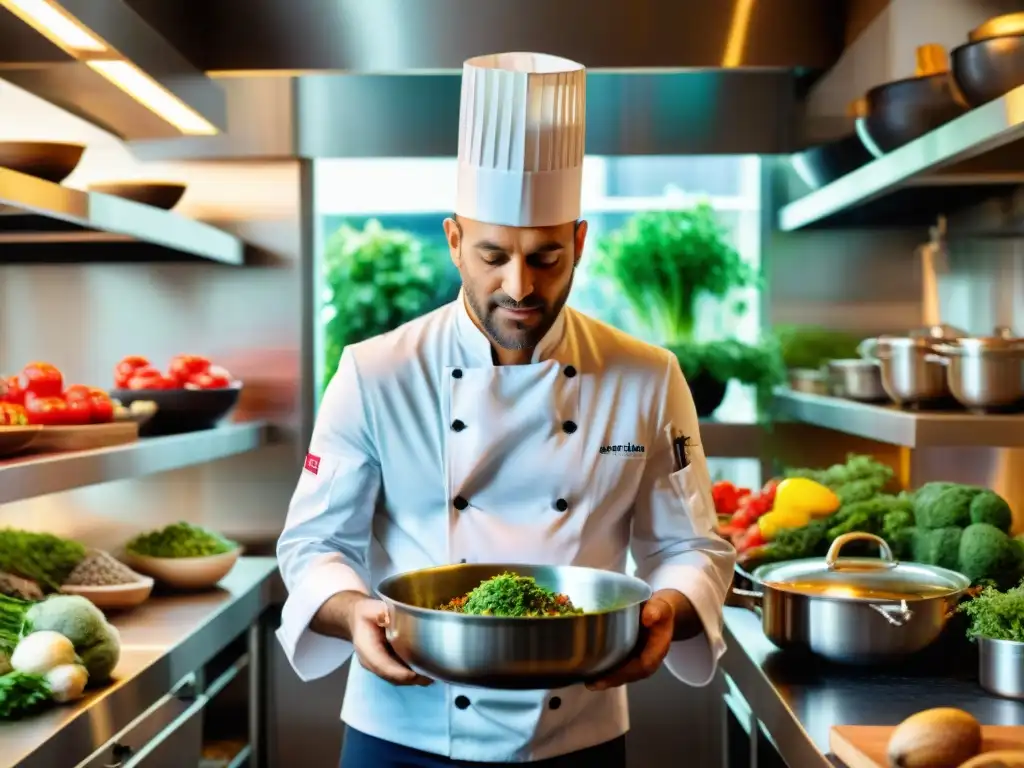 Un chef francés prepara un plato innovador en una cocina ecofriendly llena de productos orgánicos y utensilios de vanguardia