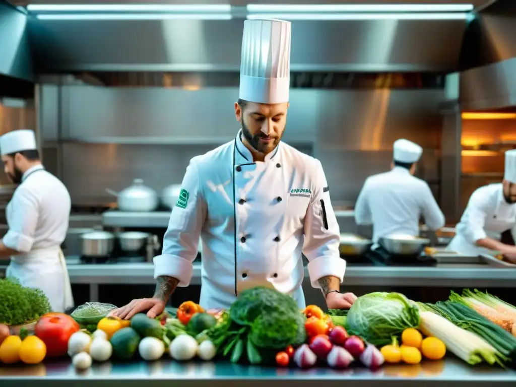 Un chef francés crea con pasión plato innovador rodeado de ingredientes frescos y coloridos en cocina sostenible