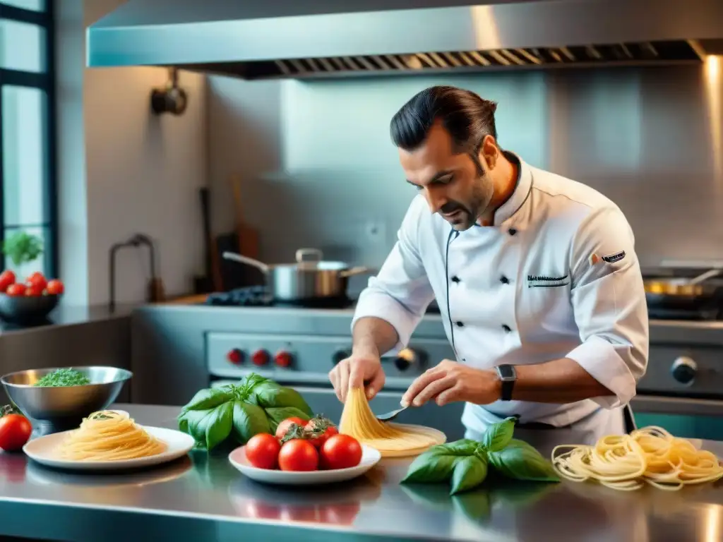 Un chef francés prepara con maestría un plato italiano, rodeado de ingredientes frescos, en una cocina profesional