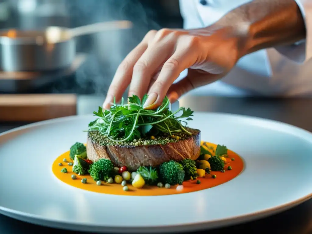 Un chef transforma un plato con pequeños cambios de color, esparciendo hierbas con precisión