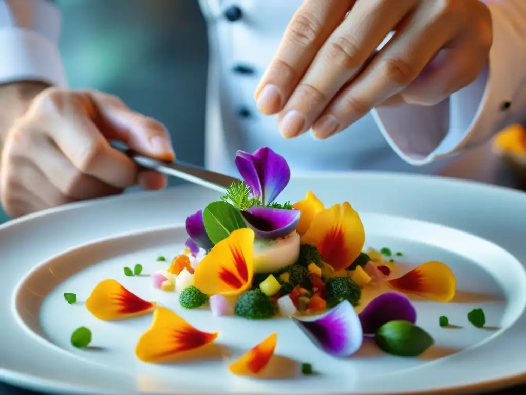 Un chef transforma un plato con pequeños cambios de color, añadiendo pétalos de flores vibrantes a un ceviche de mariscos frescos