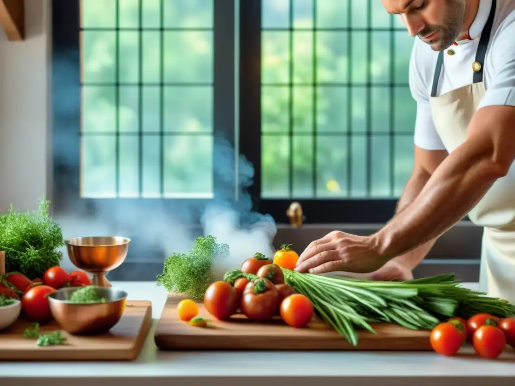 Chef francés preparando plato provenzal en cocina rústica Un chef francés hábil preparando plato provenzal en cocina rústica llena de hierbas frescas y verduras coloridas