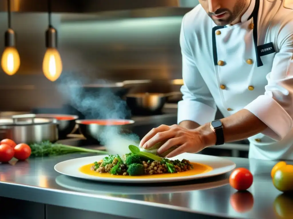 Un chef francés prepara plato refinado en cocina elegante