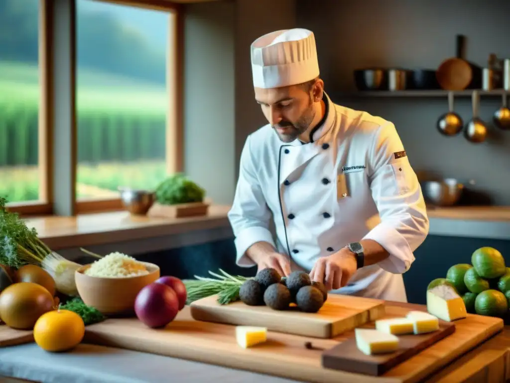 Un chef francés prepara un plato regional con ingredientes autóctonos en una cocina rústica