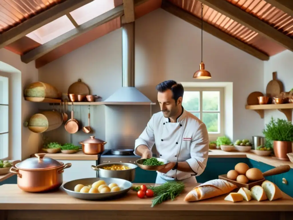 Un chef preparando plato regional francés rodeado de ingredientes frescos en una cocina tradicional francesa