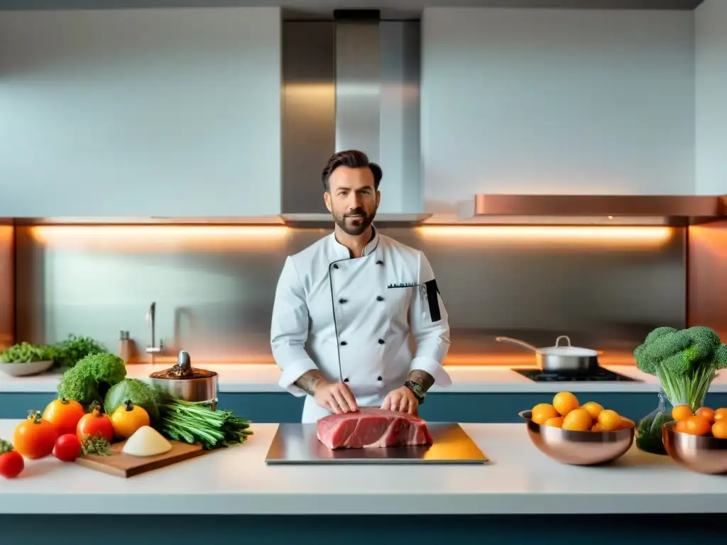 Un chef preparando un plato sous vide en una cocina francesa moderna llena de equipos de última generación