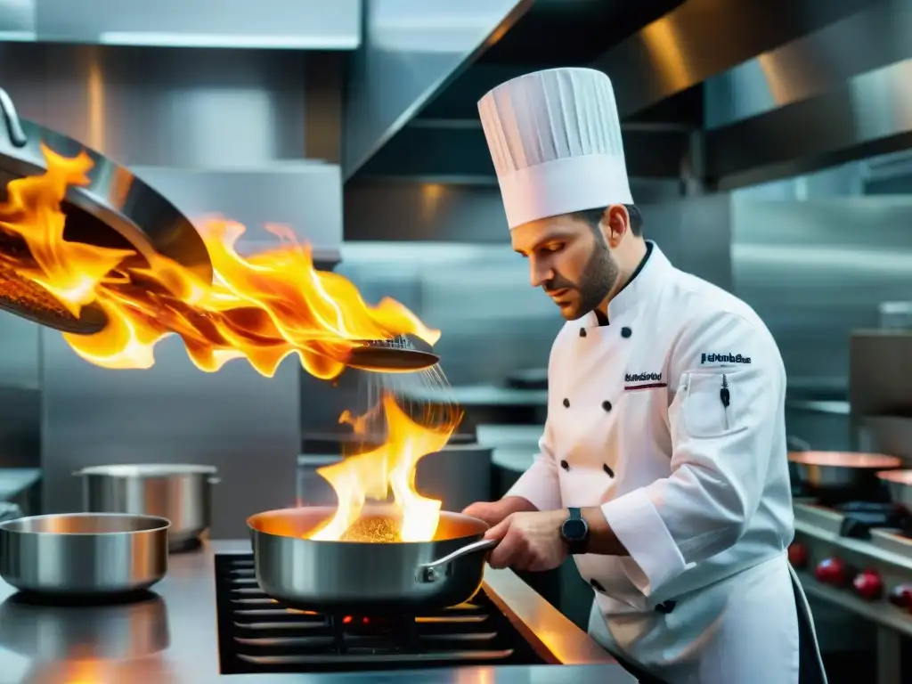 Chef francés flambeando plato con técnicas avanzadas cocina francesa en cocina profesional vibrante