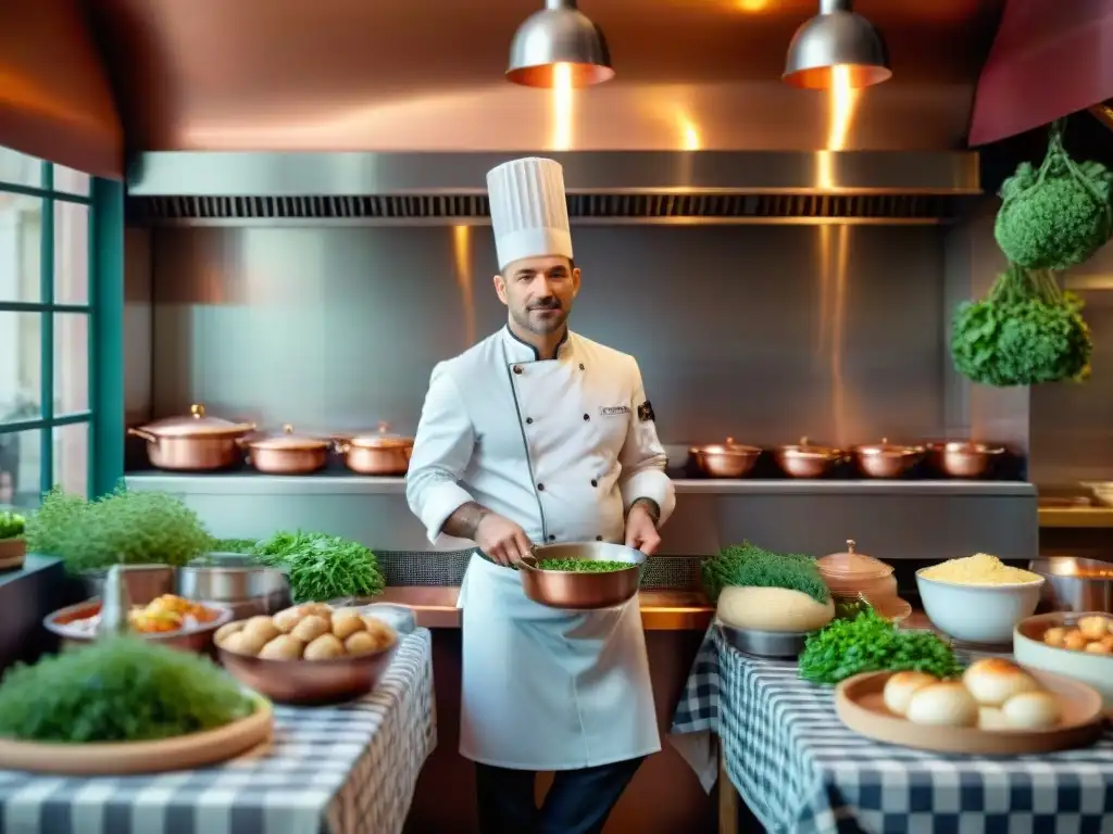 Chef preparando plato tradicional en acogedor bistró francés