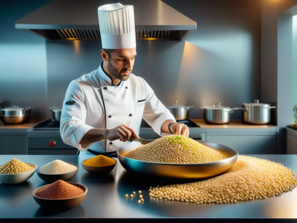 Chef francés preparando plato tradicional con cereales en cocina moderna