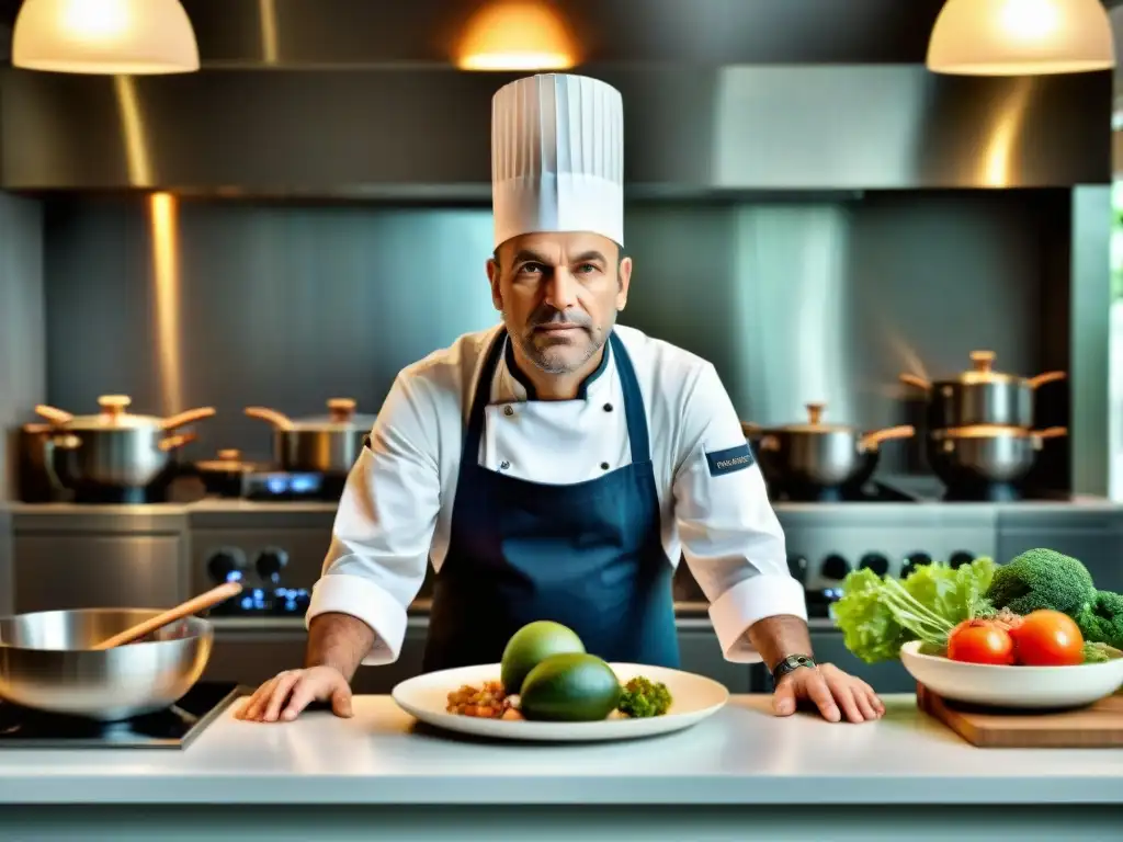 Chef francés preparando plato tradicional en cocina moderna