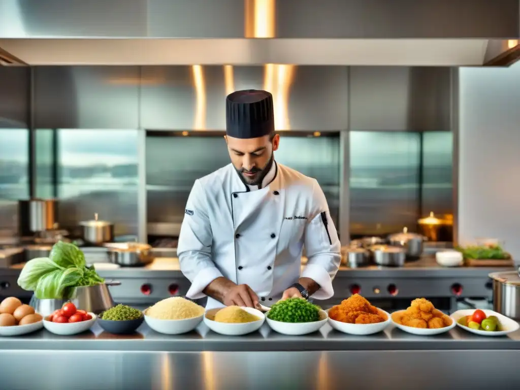 Un chef francés prepara con maestría un plato tradicional en una cocina multicultural