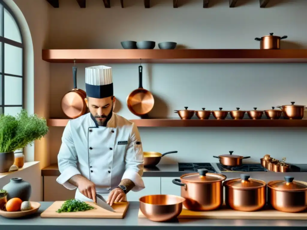 Un chef francés prepara con maestría un plato tradicional en una cocina profesional, destacando la precisión y arte de la gastronomía francesa en la Escuela de Gastronomía Francesa Online