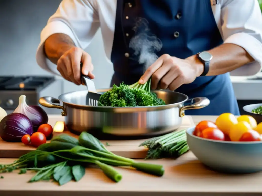 Un chef francés prepara un plato tradicional con técnicas de cocina al vapor francesa, rodeado de ingredientes frescos y hierbas aromáticas