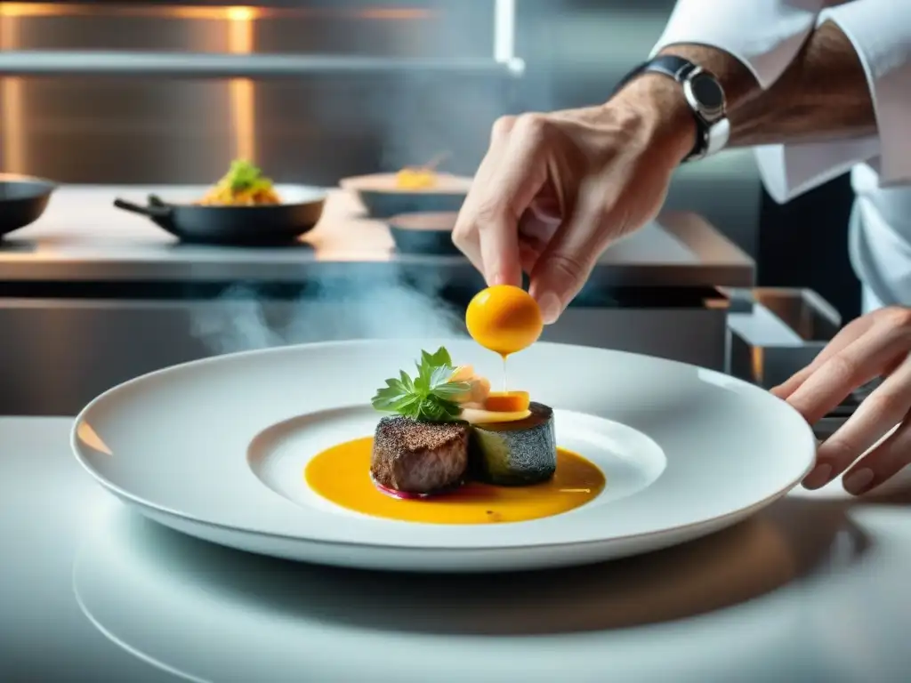 Un chef en Lyon plating un plato vanguardista, reflejando la excelencia de la gastronomía francesa en Lyon