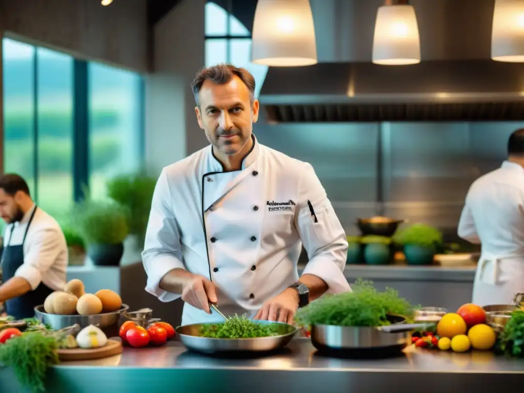 Chef francés supervisa plato vibrante en cocina sostenible e innovadora, rodeado de equipo diverso concentrado en tareas culinarias