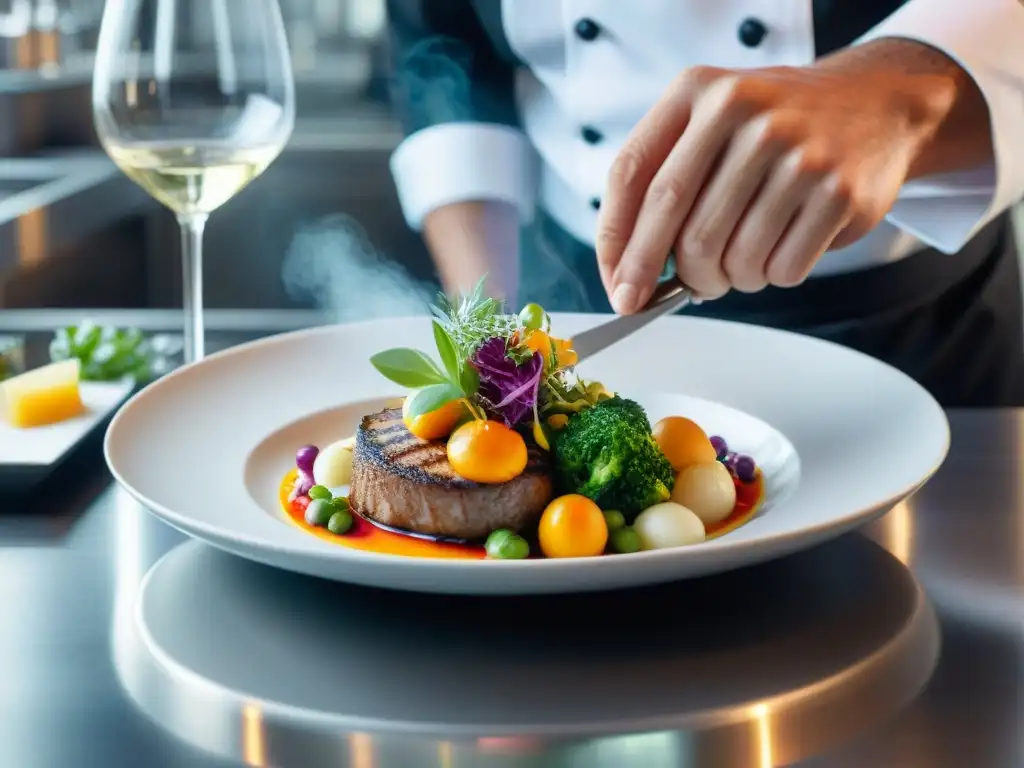 Un chef crea meticulosamente un plato vibrante en una cocina concurrida