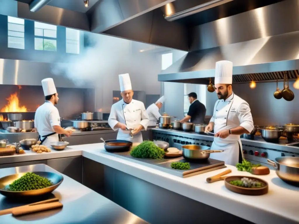 Chef preparando platos en una bulliciosa escuela de cocina en Francia