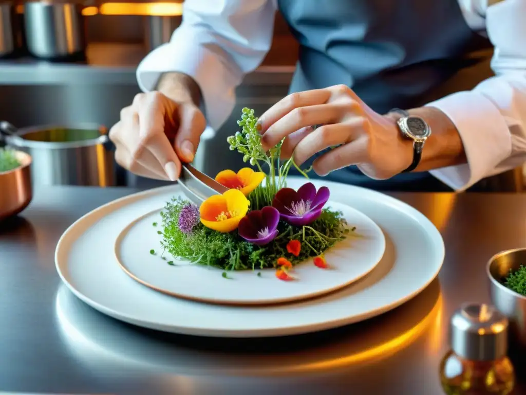 Un chef francés decora platos con precisión y elegancia en una cocina profesional