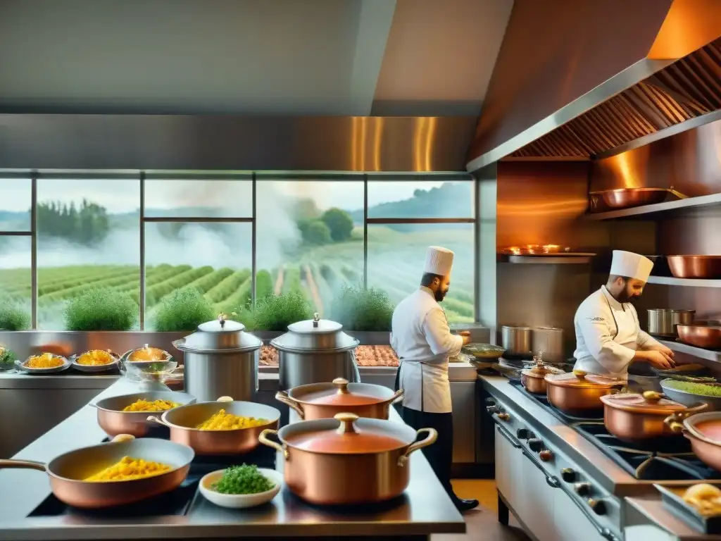 Chef preparando platos elegantes en una cocina de restaurante francés, con ingredientes locales frescos y ambiente acogedor al atardecer