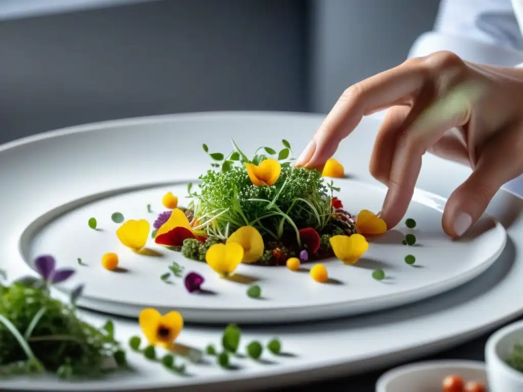 Un chef francés decora platos con flores comestibles y microgreens en una cocina blanca impecable