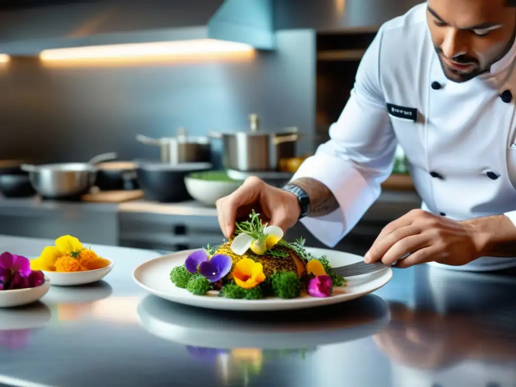 Chef francés crea obra maestra culinaria con precisión Un chef presenta platos de forma armoniosa, combinando ingredientes coloridos con precisión artística en una cocina profesional