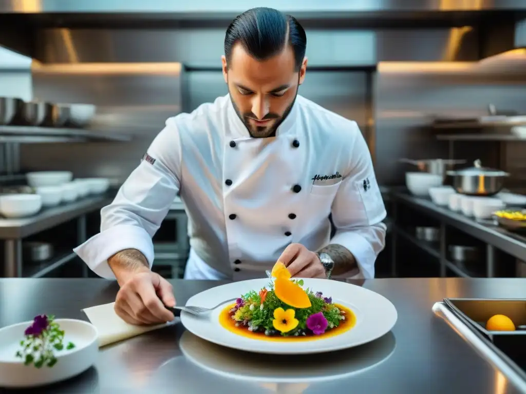 Un chef francés presenta platos gastronomía francesa con precisión y arte en elegante cocina