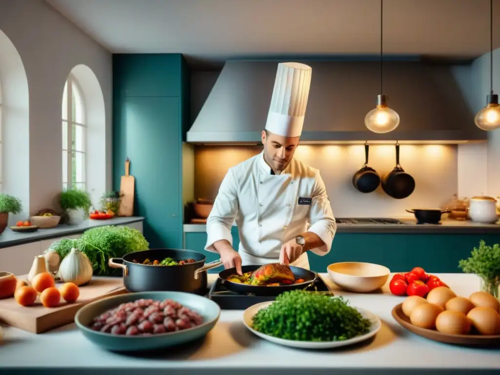 Chef preparando platos franceses clásicos en una cocina bulliciosa