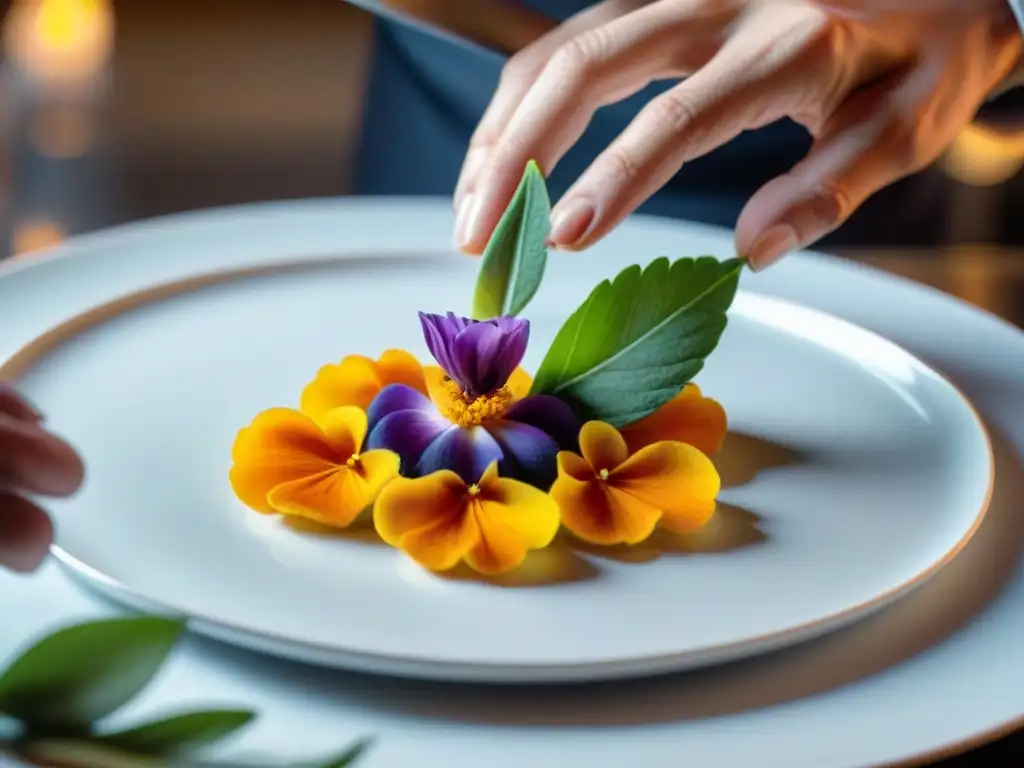 Un chef francés crea con precisión platos franceses innovadores gastronomía con flores comestibles vibrantes en un elegante plato blanco