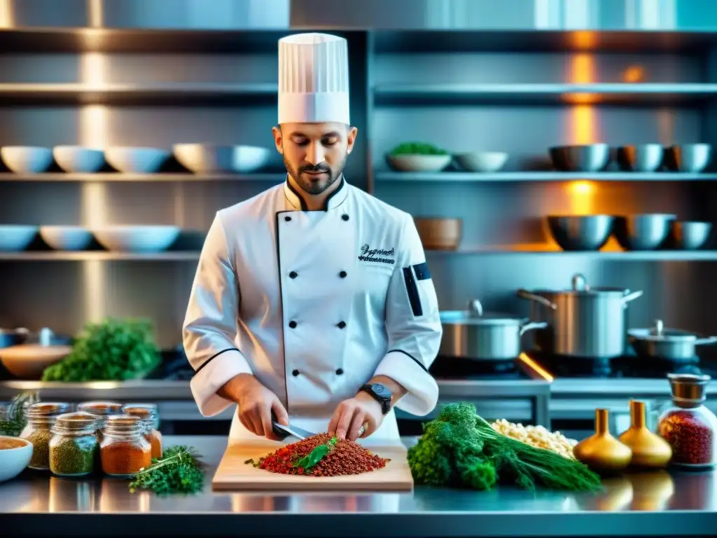 Un chef hábil preparando platos francoitalianos en una cocina moderna, enfocado y preciso, rodeado de ingredientes diversos