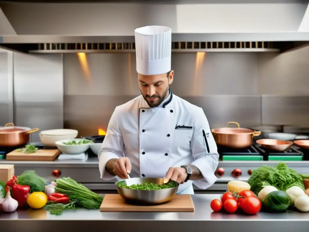 Un chef francés prepara platos de fusión culinaria francesa con ingredientes locales, en una cocina bulliciosa y llena de pasión culinaria