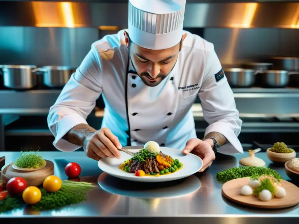 Un chef francés crea platos con innovación gastronómica en una cocina moderna, rodeado de ingredientes exóticos