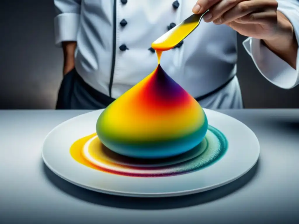 Un chef hábil arregla platos gourmet coloridos y abstractos, fusionando arte abstracto con técnicas culinarias francesas innovadoras