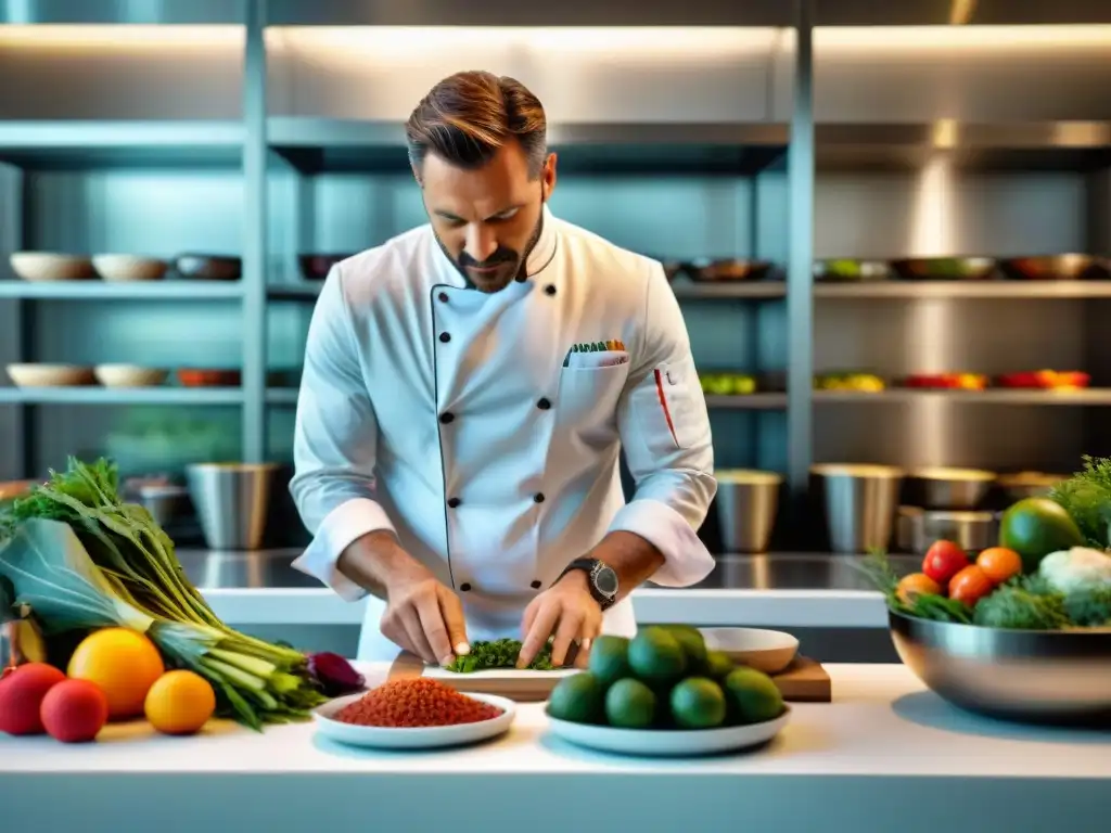 Un chef francés crea platos innovadores con precisión y arte en una cocina moderna