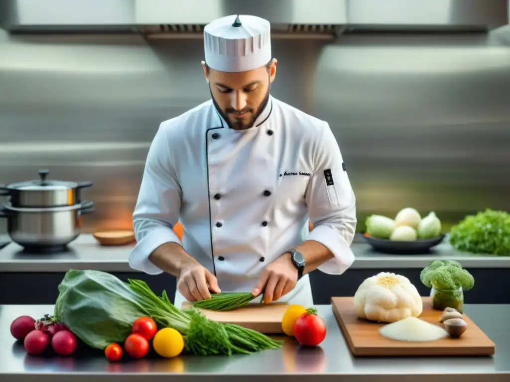 Un chef francés prepara platos innovadores cocina al vacío en una cocina moderna y elegante