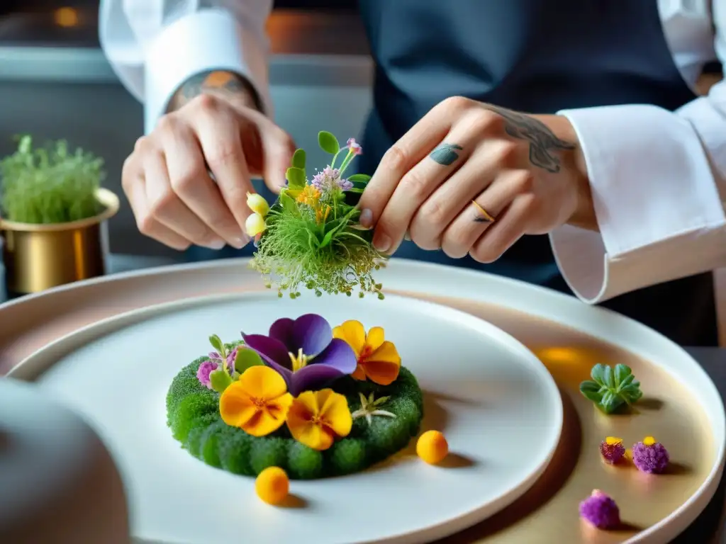 Un chef francés crea platos innovadores gastronomía francesa con flores comestibles en un ambiente de cocina vibrante