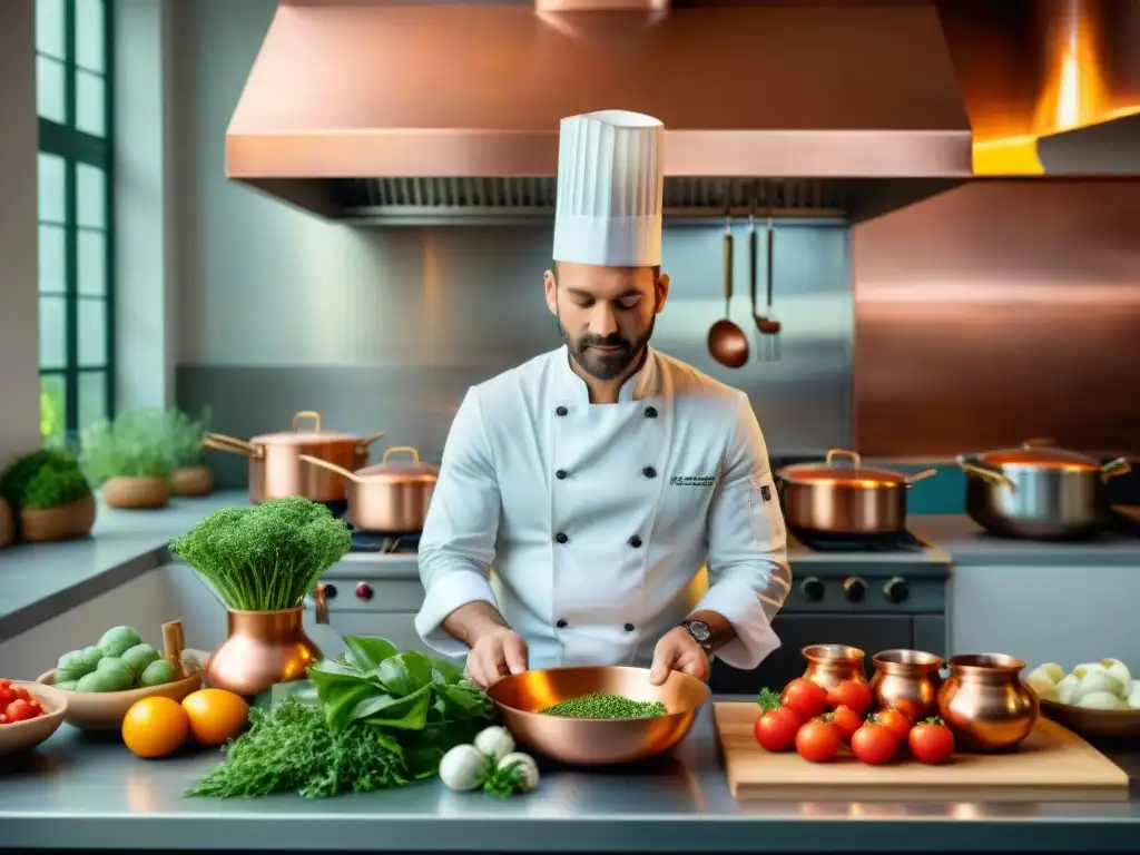 Un chef francés crea platos innovadores con ingredientes tradicionales, en una cocina francesa vibrante