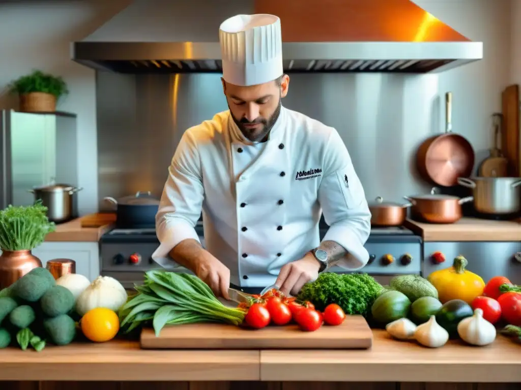 Un chef francés prepara con precisión y pasión platos sostenibles rodeado de ingredientes frescos en una cocina tradicional