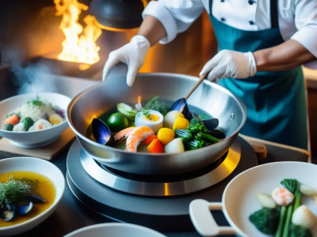 Un chef francés prepara con maestría platos al vapor en cocina tradicional, destacando técnicas cocina al vapor francesa