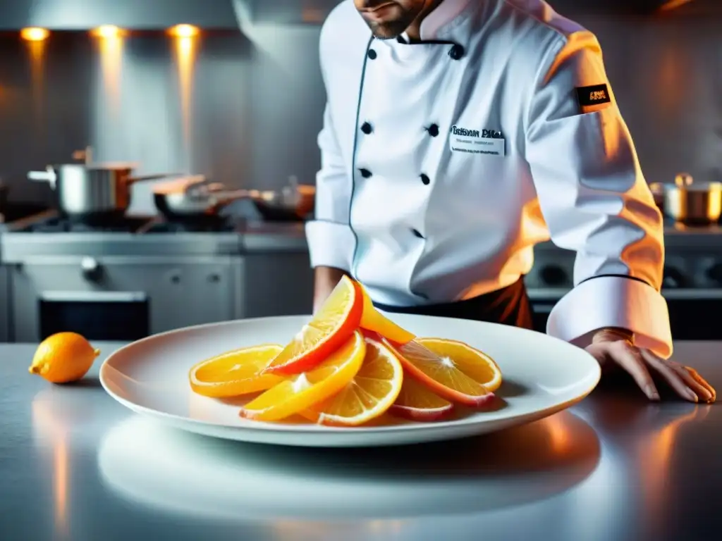 Un chef francés crea platos vibrantes con energía en una cocina moderna