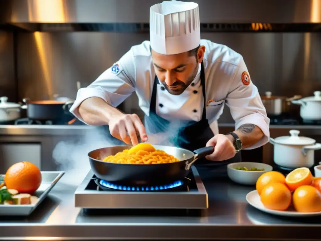 Un chef francés prepara platos vibrantes con energía en una cocina bulliciosa