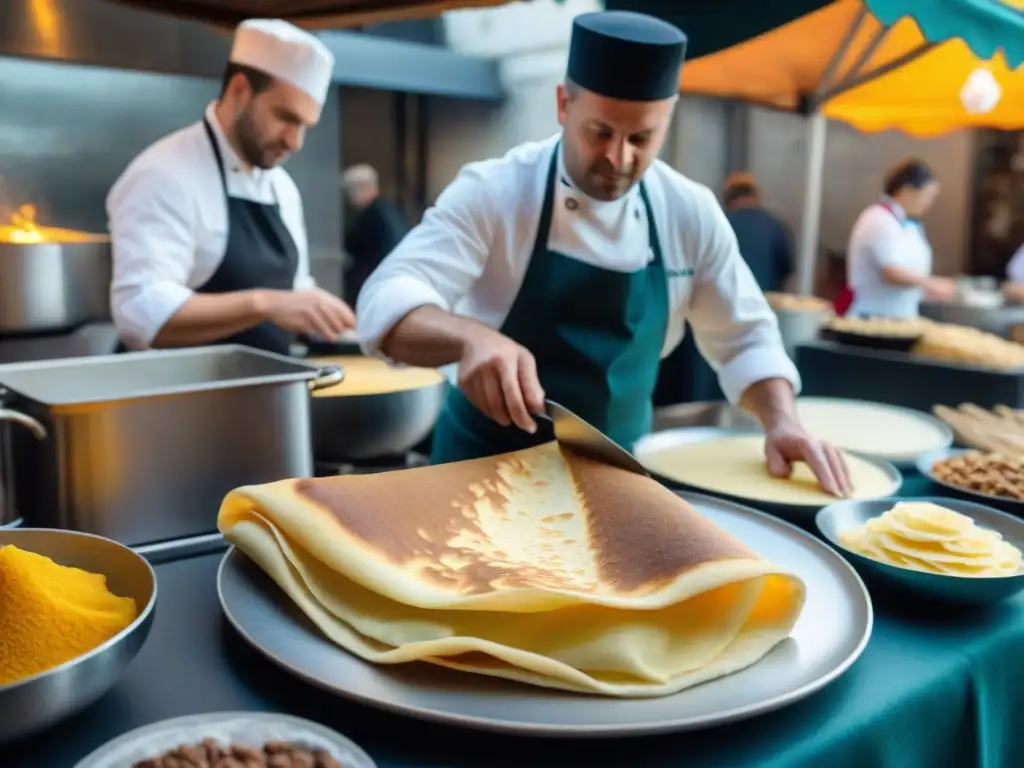 Un chef hábil en pleno enfoque, volteando crêpe dorado en mercado de Bretaña