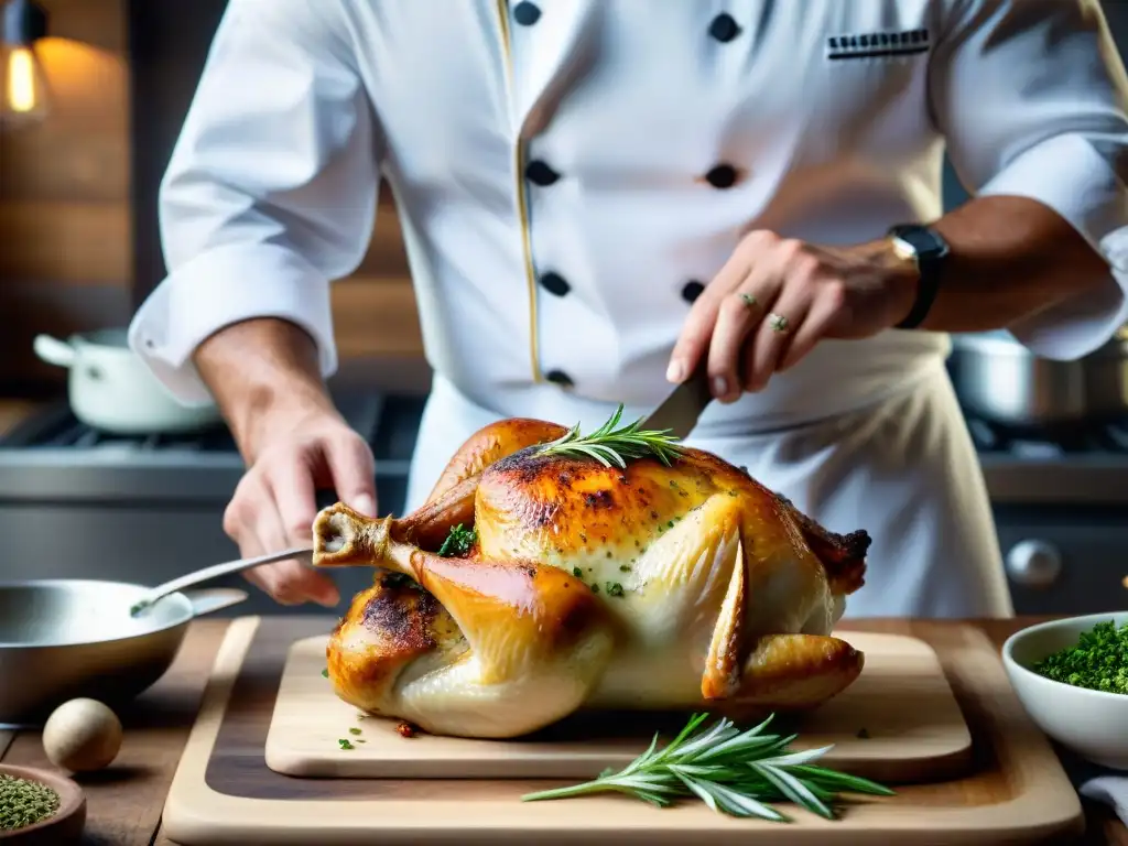Chef francés sazona pollo asado con estragón en cocina clásica Un chef francés sazona un pollo asado con estragón fresco en una cocina francesa clásica