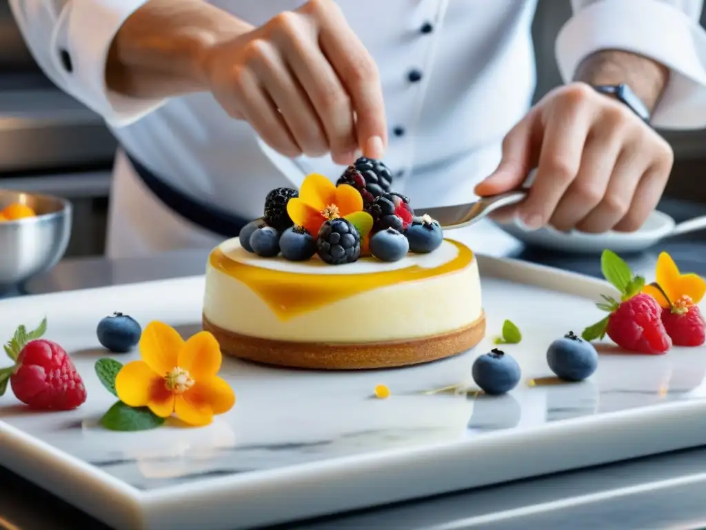 Un chef francés cuidadosamente decora un postre clásico reinventado en una cocina moderna