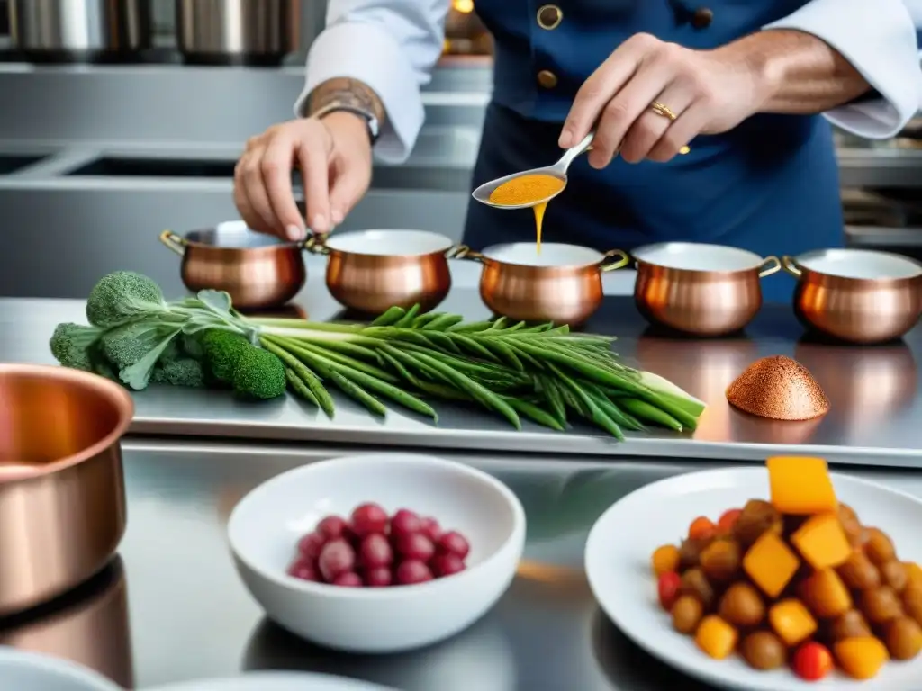 Un chef francés coloca con precisión una colorida presentación en la cocina francesa