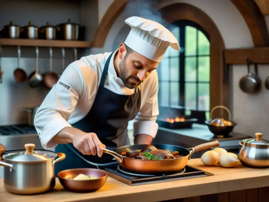 Un chef francés elabora con precisión un Coq au Vin en una cocina rústica, rodeado de utensilios tradicionales