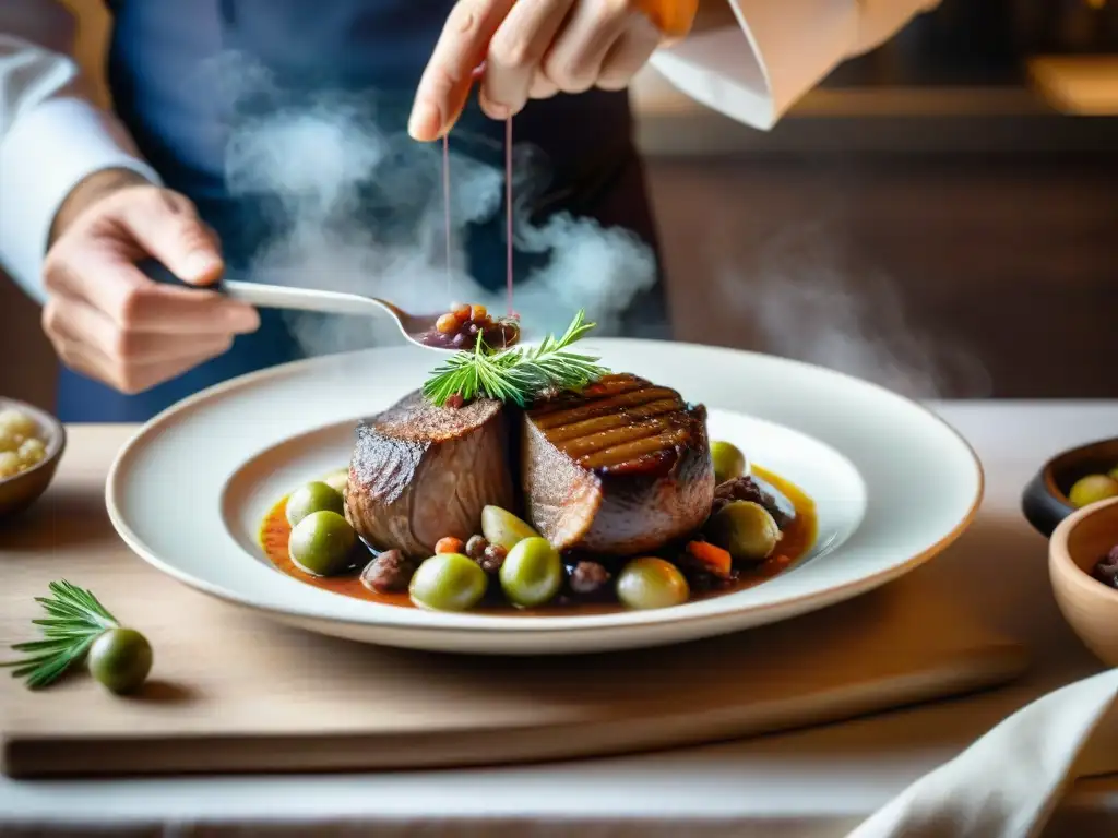 Un chef francés sazona con precisión un Coq au Vin con ciboulette en una cocina tradicional