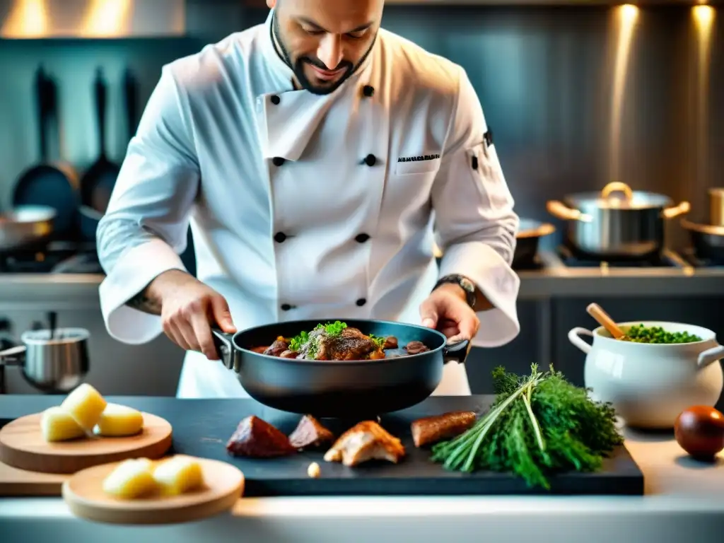 Un chef francés prepara con precisión un coq au vin en una cocina moderna, fusionando tradición y modernidad en la gastronomía francesa