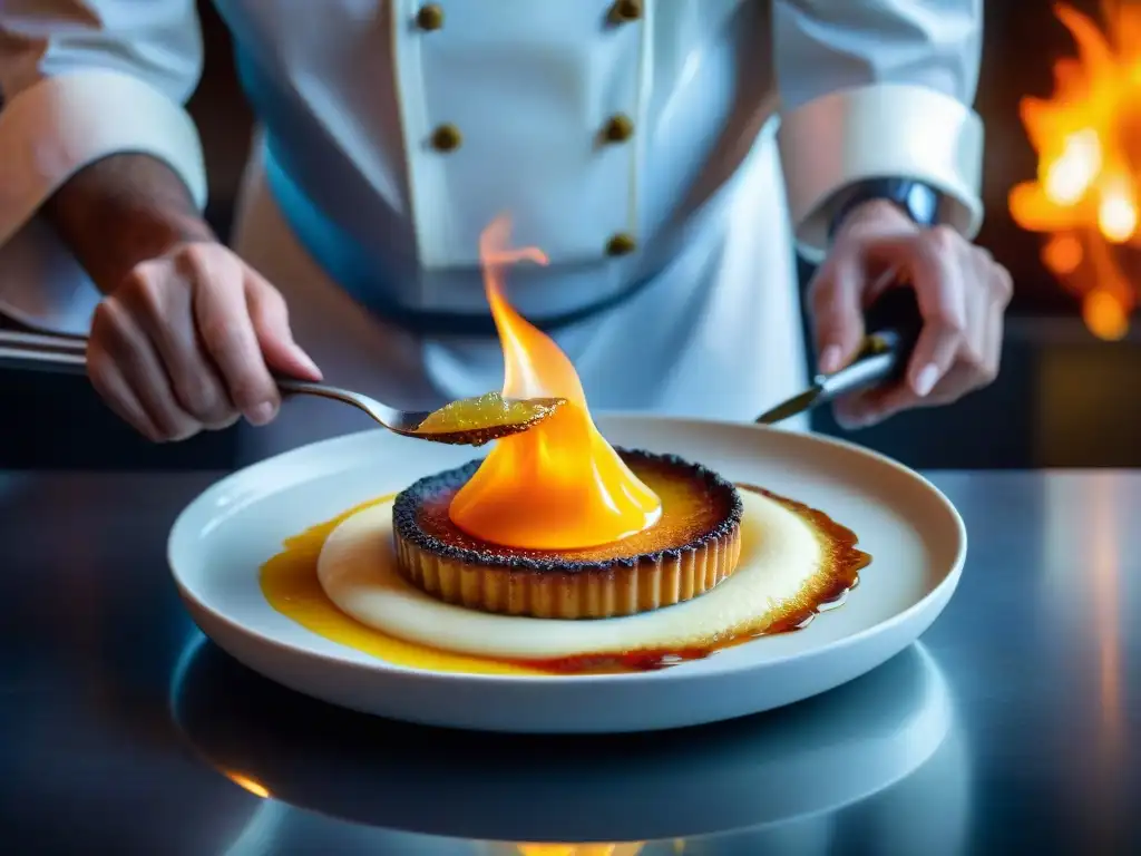 Un chef caramelizando con precisión un crème brûlée de lemongrass, cardamomo y fruta de la pasión