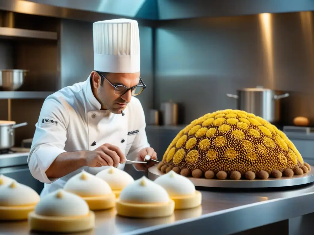 Chef francés esculpe con precisión una delicada escultura de azúcar, reflejando la influencia de la cultura francesa en las tendencias culinarias