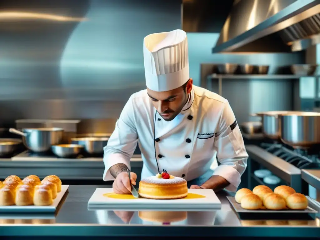 Un chef francés elabora con precisión una delicada pastelería en una cocina sofisticada